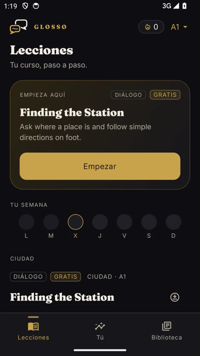 Glosso lessons screen
